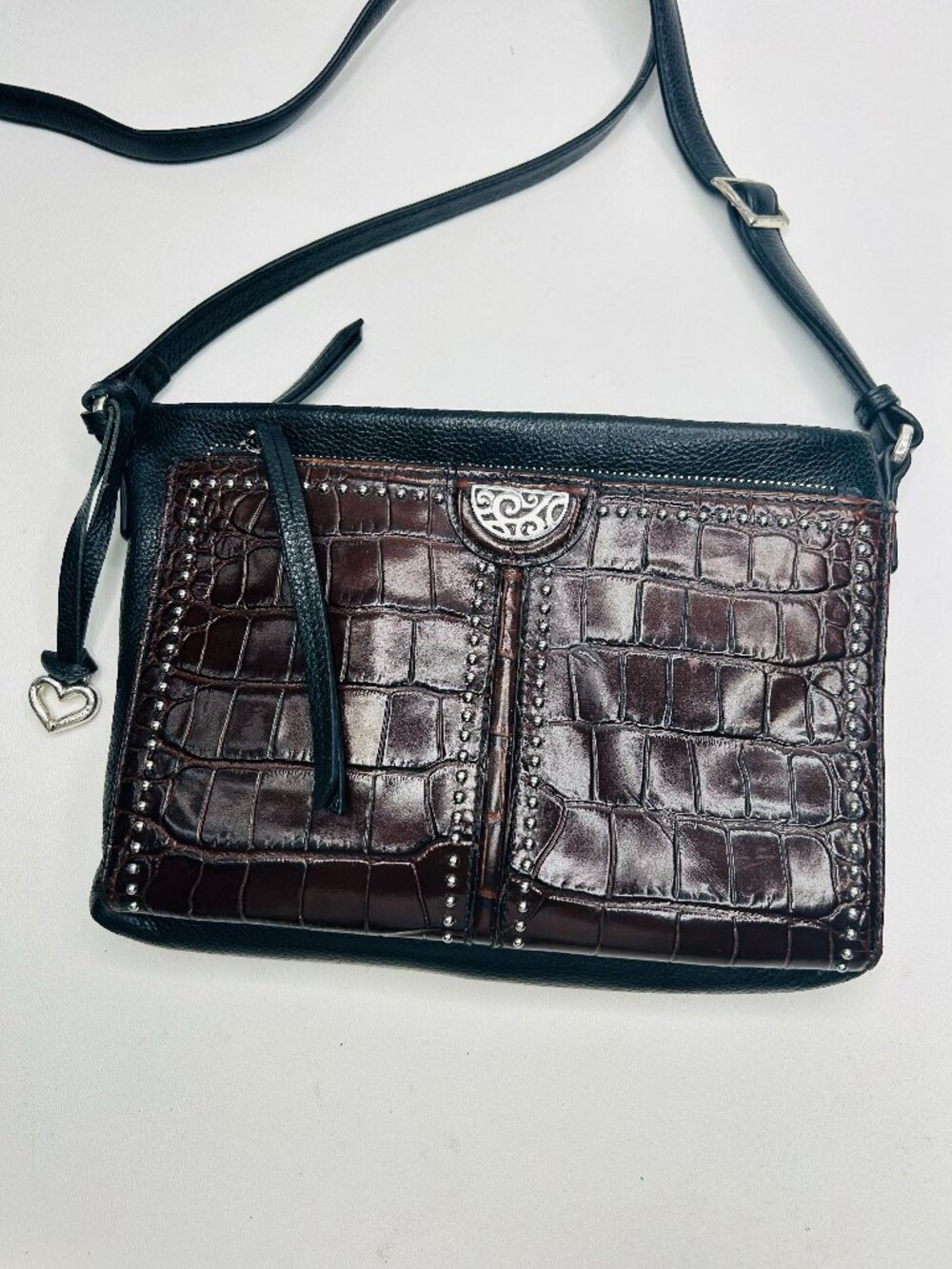 BRIGHTON Pretty Tough Jagger Leather Croco Crossbody Front Drop Wallet/Org Black